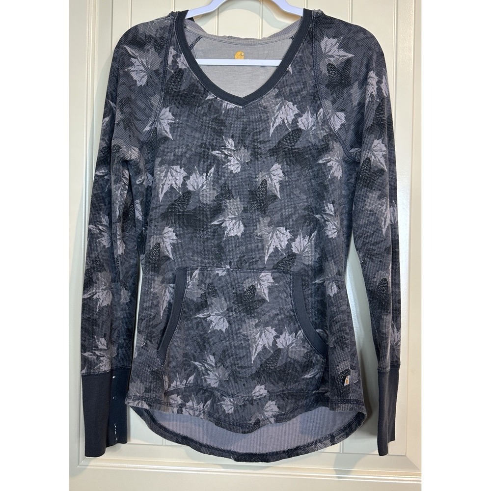 Carhartt Womens Long Sleeve Thermal V-neck Hooded‎ Shirt Size M stretch leaves